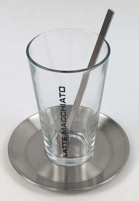 Blomus Cono Latte Macchiato Coffee Glass Set Stainless Steel Saucer Spoon 63143