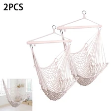 2Pcs Cotton Rope Hammock Swing Camping Hanging Chair Seat Tree Wooden Outdoor