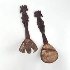 Tiki Hand Carved Wooden Spoon and Fork 11” Pineapple Handles Luau Party Fun