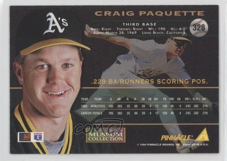 1994 Pinnacle Museum Collection Craig Paquette #328 - Image 2 of 2