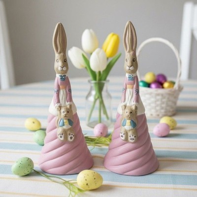 Easter Bunny Bell Holding Baby Bear 6'' Tall Ceramic Vintage Springtime Decor