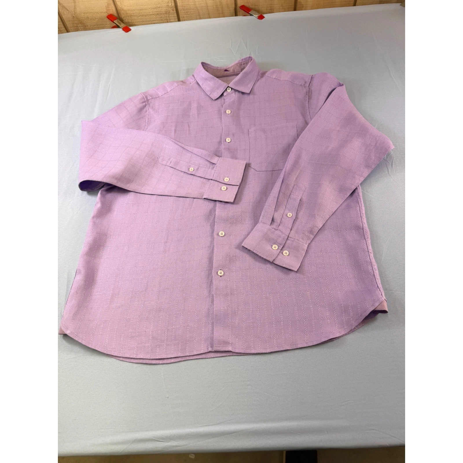 Tommy Bahama Mens Purple 100% Linen Grid Button Up Shirt Large Long Sleeve