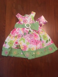 blueberi boulevard dress Baby Girl 12 Months Green Pink Flowers Bow NWT Sleevele