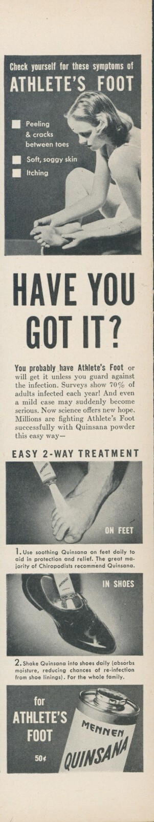 1945 Quinsana Athletes Foot 2 Way Treatment Feet Shoes Vintage Print Ad L25