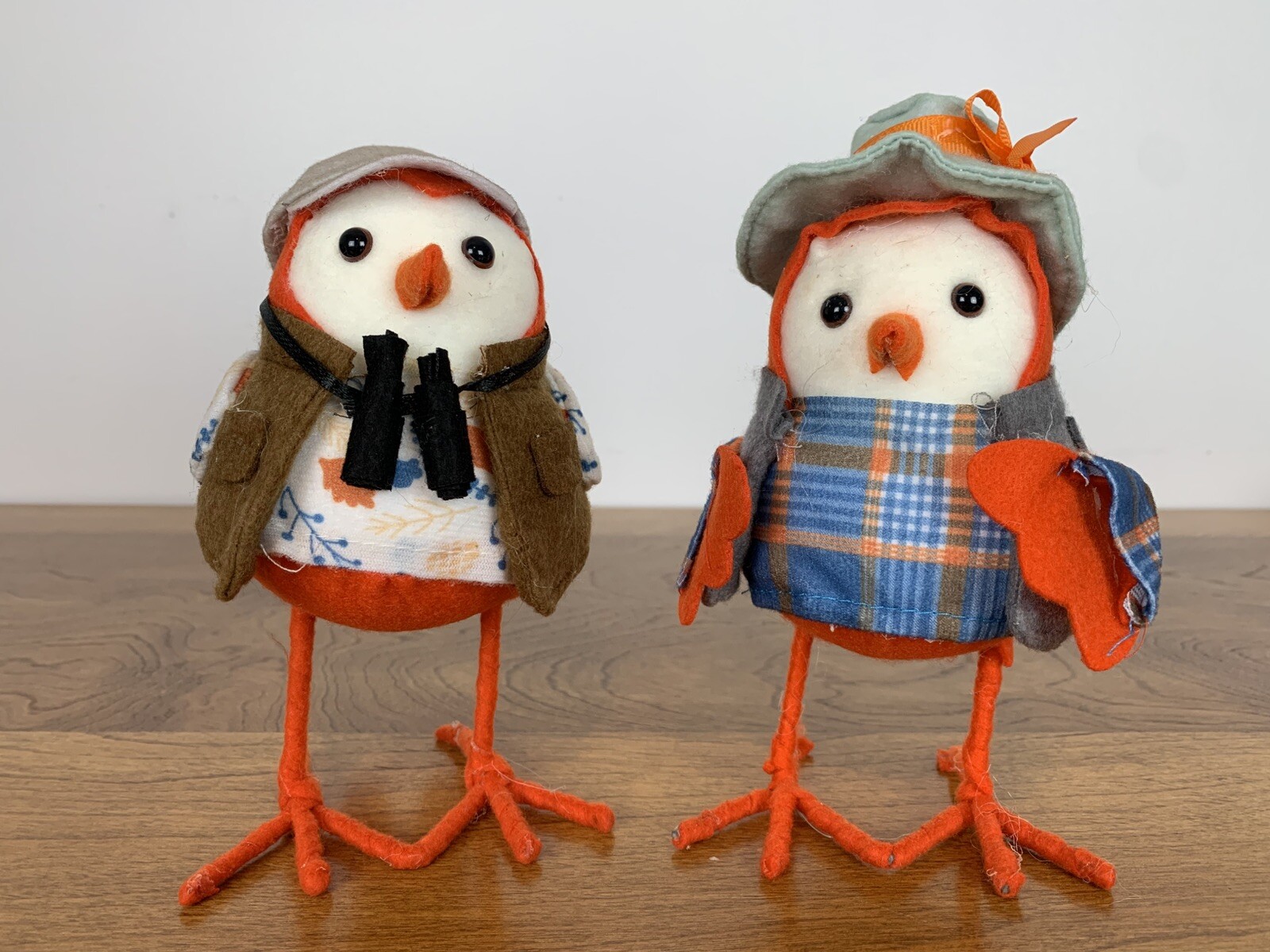 Felt Bird Figurine Set Of 2 Binoculars Bird Watching Plaid Clothing Whimsical
