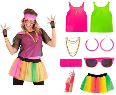 80er JAHRE  Neon Tanktop-Netzshirt-TüTü Set