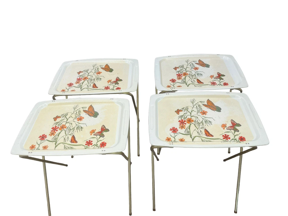 Vintage TV Tray set 4 Trays Stand White Fiberglass with flowers Butterflies