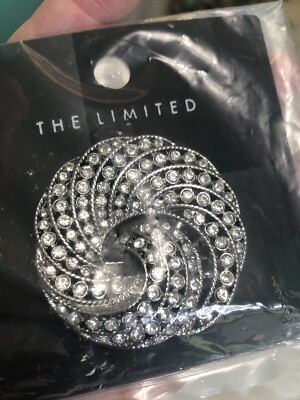 NWT! THE LIMITED Round Silver Swirl Sparkly Clear Rhinestone Pin/Brooch $29.95