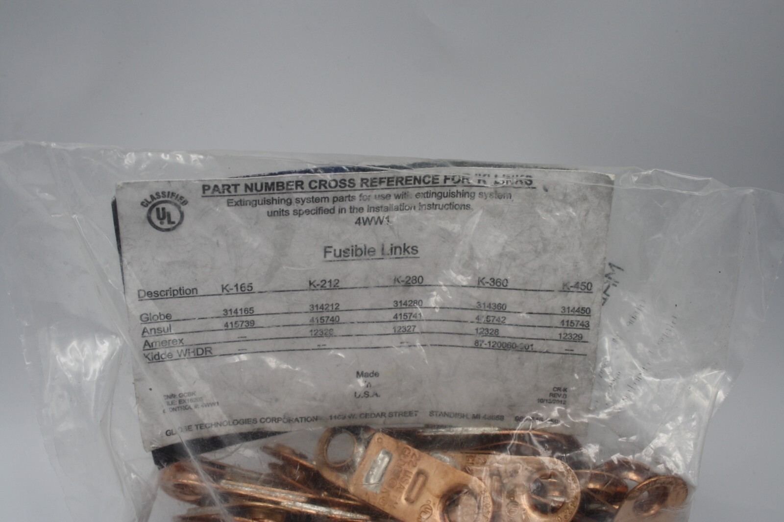 K Fusible Link BY Globe Technologies 50 PACK TEMP RATING 360 DEG F