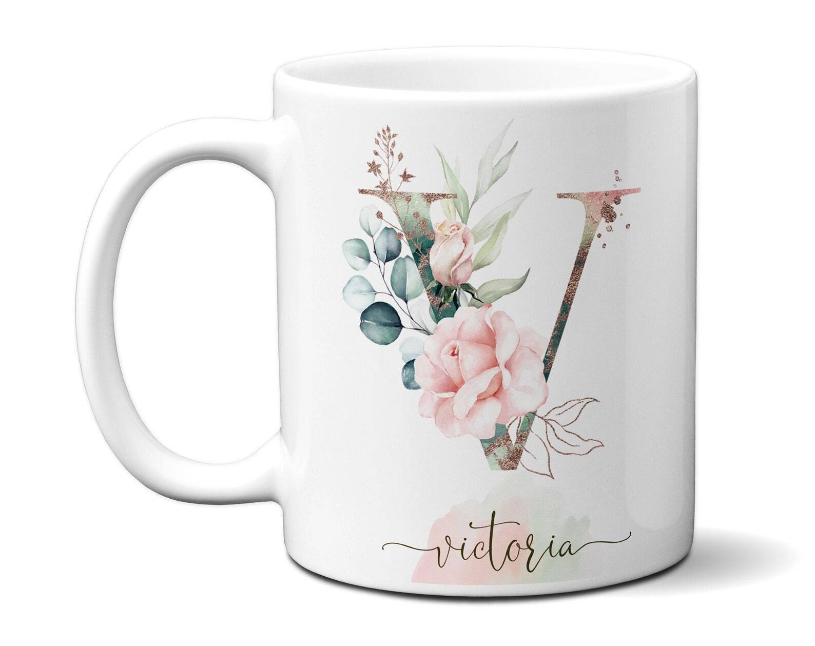 Personalized Monogram Mugs with Watercolor Roses and Custom Initials  