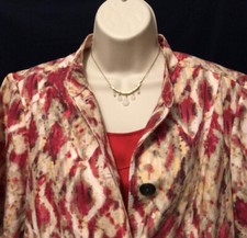 Chico s Jacket Women s Size 1 Size 8-10 Red Ikat Print Linen Short Sleeve EUC