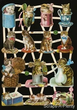 German Embossed Vintage Style Scrap Die Cut - Cats / Kitten In Containers EF7360