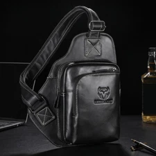 Chest bag Mens 100% Genuine Leather Shoulder Bag Sling Backpack Daypack Travel