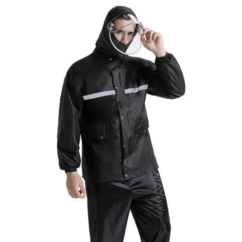 Men's Waterproof Motorcycle Rain Suit – Jacket & Pants – Hi-Vis Black, M-2XL - View #2