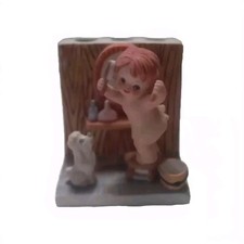 1978 Enesco Porcelain Toddler Girl  Dog Bathroom Trio Toothbrush Holder Vintage