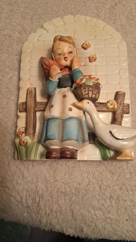 Erich Stauffer Girl Flower Basket Goose Relief Style Wall Plaque  Umbrella as is