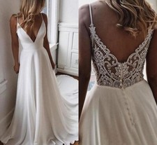 Strap wedding dress with Plunge neckline,Sleeveless floor length A-Line Gown