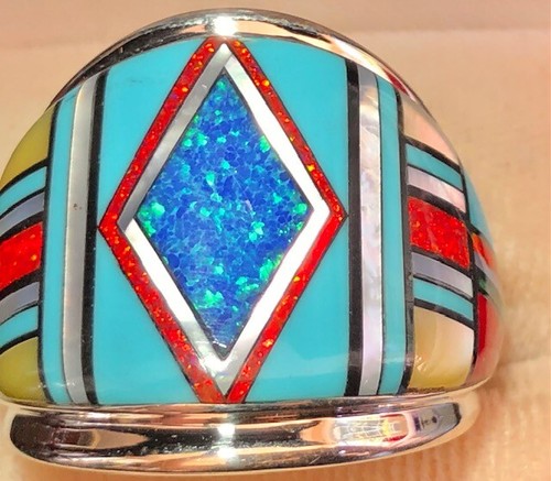Large Turquoise Red Opal HOT Racing stripes Men's ring Italian 9.5 Silver T - Picture 5 of 12