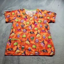 Bring It On V-Neck Scrub Top Halloween Monster Theme Orange 3 Pockets Wmn Sz M