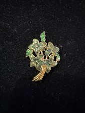 Vintage Goldtone Green Enamel Floral Bouquet Brooch - Marked