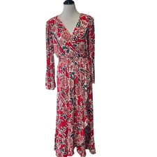 Chelsea & Theodore Smocked Faux Wrap Midi Dress Size L Bell Sleeve Floral Red