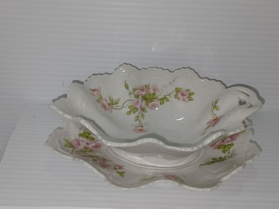 MZ Austria Leaf Shaped Mayonnaise Dish With Underplate  Rose Pattern