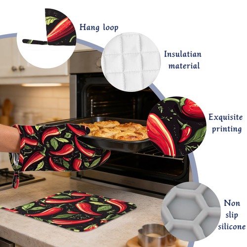 Guanti da forno e porta pentole messicani peperoncino piccante set di 4 peperoncini rossi calore... - Foto 4 di 7