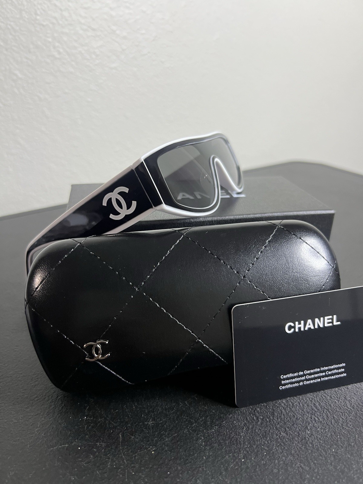 CHANEL Women’s Rectangle Sunglasses Black Plastic Frame Gray Tinted Logo Case
