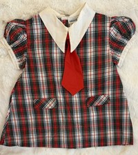 Vintage 1970s Nannette Girls Plaid Dress 3T  Peter Pan Collar Red Tie Toddler