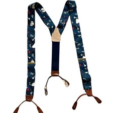 Vintage 80s Golf Silk Suspenders Navy Blue Brown Vegan Leather Brass Buckles