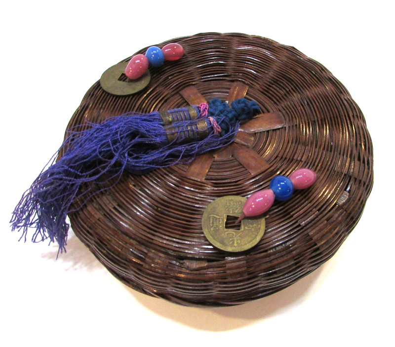 Antique 1900s 6" dia Woven Wicker Sewing Basket Box Glass Bead Asian Coin Tassel