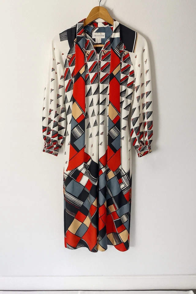 Vestido midi geométrico vintage Christian Dior cremallera frontal años 70 talla S raro Foto 4 de 4