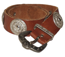 Vintage CUSTOM ARTISAN CRAFTED Cedar Brown Leather  Silver Concho Belt SMALL