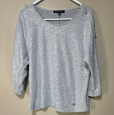 Adrienne Vittadini Gray Silver Sequin Knit Scoop Neck Cardigan Sweater M