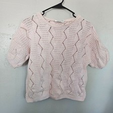 Suéter de manga corta tejido rosa pálido claro en zigzag Across America vintage para mujer