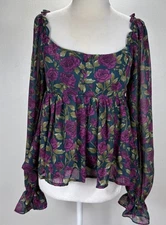 Blu Pepper Floral Balloon Sleeve Cropped Top Small Fairycore Whimsical Babydoll