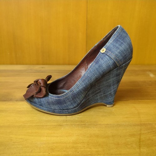 Miu Miu Blue Denim Wedge Peep-Toe Heels with Brown Leather Bows - EU 37 JAPAN - Picture 19 of 24