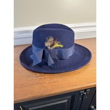 Betmar New York Navy Blue Felt Fedora Hat Feather Bow Detail