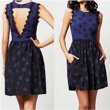 Anthropologie Corey Lynn Calter Dress Blue Black Polka Dot Open Back Size 6