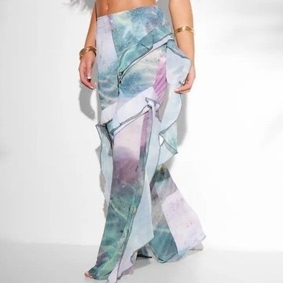 NEW PrettyLittleThing Watercolor Tiered Tie Dye Chiffon Pants Size 8