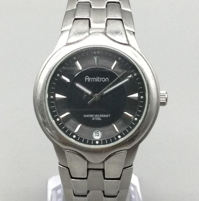 Armitron Watch Mens 36mm Black Dial Date Stainless Steel New Battery 7''