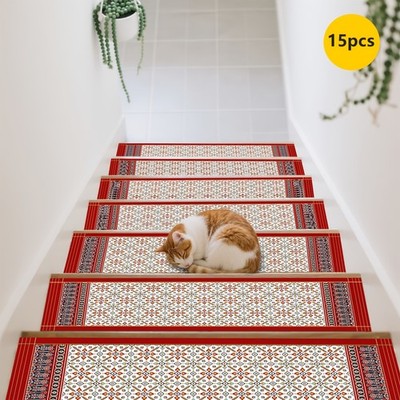 15pcs of Red-Brown Patterned Printed Stair Mats, Non-Slip Stair Carpets, Prote