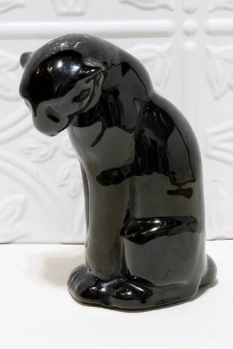 Frankoma Pottery Black Panther Puma Cat Statue #114 Sitting Upright 7" Vintage