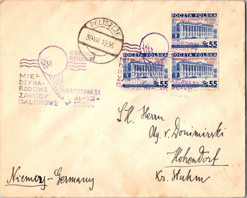 1936 Poland Gordon Bennett Contest Ballon Flight Cover to Germany Hohendorf