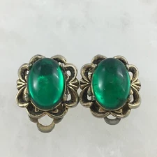 VINTAGE STYLECRAFT Green Cabochon Flower Trim Gold Tone Clip On Earrings TRACKED