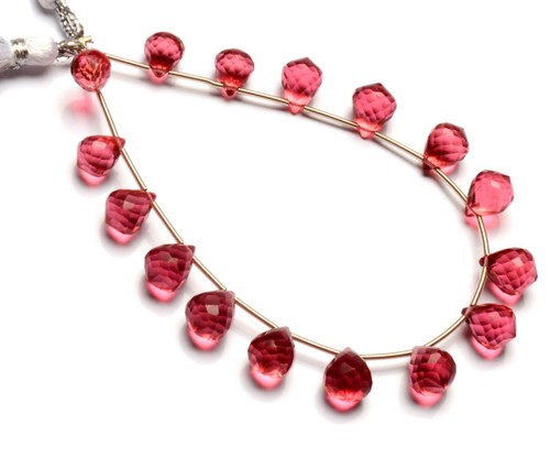 Rubellite Tourmaline Color Quartz 10x7mm Size Faceted Drop Shape Beads 7" Strand - Picture 6 of 7