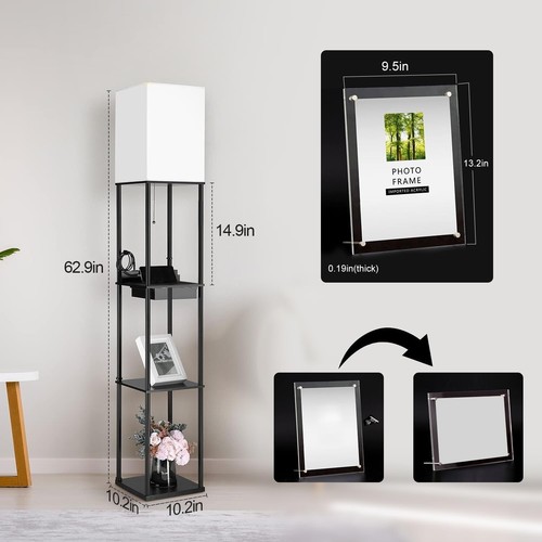 NUNET Floor Lamp with Shelves Photo Frame Charging Station for Living Room - Picture 3 of 8
