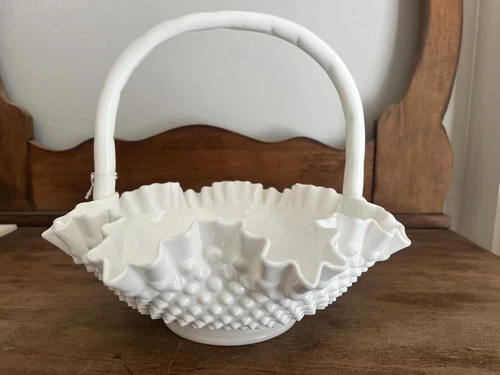 Fenton Art Glass HOBNAIL White Milk Glass Large 11.5" diam Double Crimped Basket