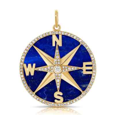 Designer Diamond Compass Charm 925 Sterling Silver Lapis Lazuli Charm Pendant