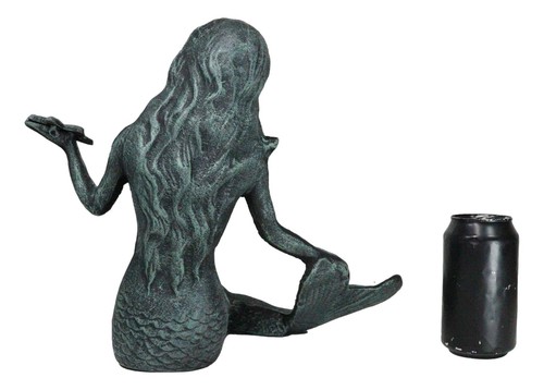 13 Zoll L Gusseisen große nautische Sirene Meerjungfrau hält Seestern Verdi grüne Statue - Bild 8 von 9